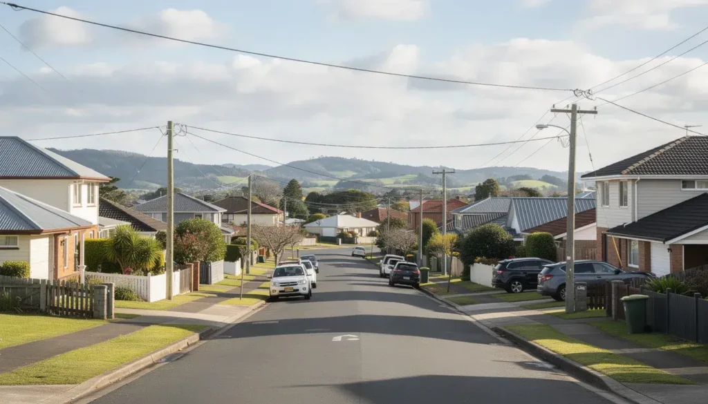 Residential homes in South Auckland showcasing a mix of metal and tiled roofing in a quiet suburban neighbourhood.